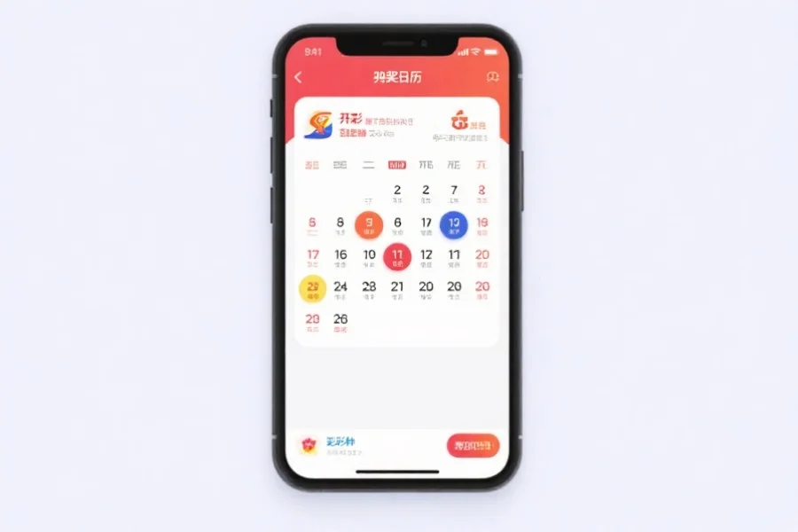 现代风格的手机界面,显示清晰的开奖日历页面,日历上标注不同彩种的开奖日期
