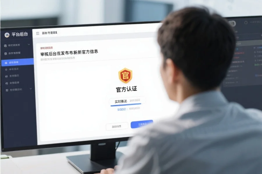 平台后台工作人员正在审核和发布最新官方信息，界面显示“官方认证”标识和实时推送进度